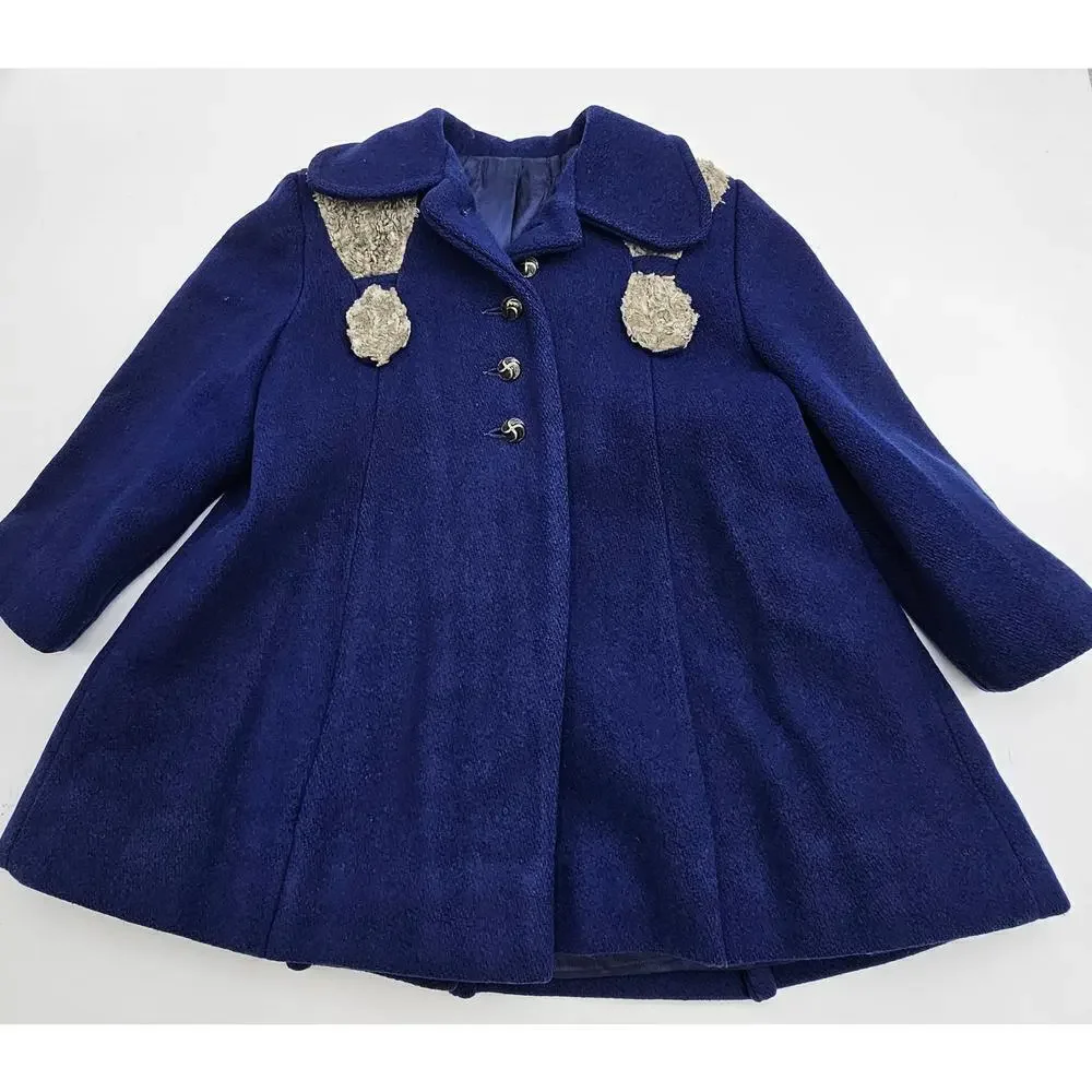 Vintage 50s/60s Girls 3T/4T Navy Blue Peacoat with Matching Pants & Hand Warmer